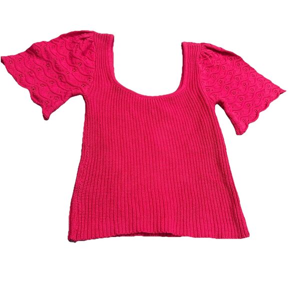 Lulus pink shirt WT505Y Ribbed Crochet Sleeves Scoop Neck shirt NWT small - Picture 5 of 6